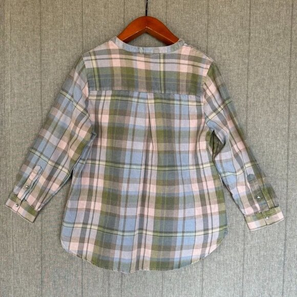 Soft Surroundings Serissa 1005 Cotton Flannel Green Lavender Blue Plaid Blouse - Picture 6 of 13